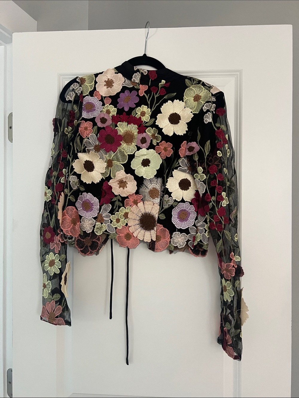 Lulu's Black Sheer Floral Embroidered Jacket with Multicolor Flowers
